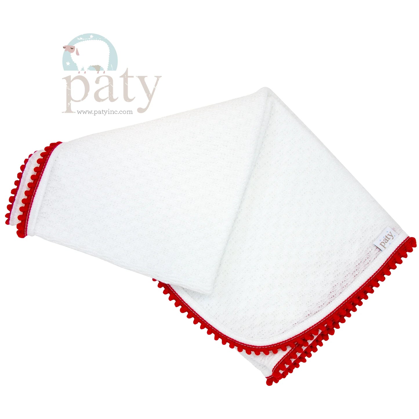 Paty | Receiving Blanket - Red Pom Trim