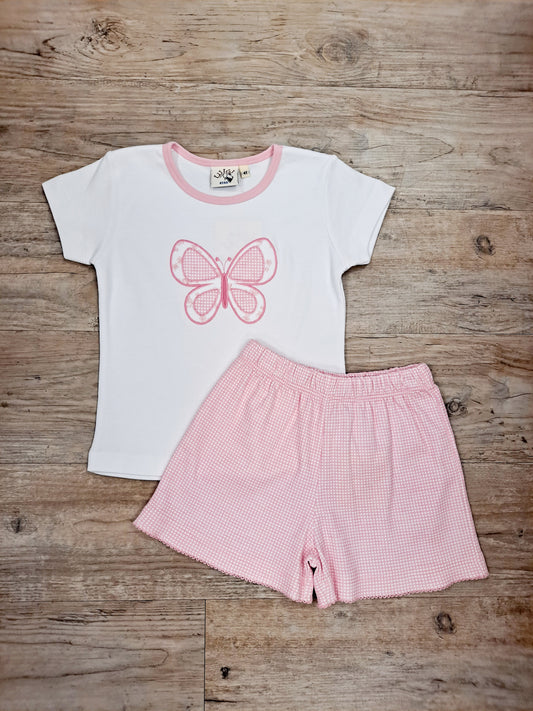 Luigi Kids - Girl Butterfly T-Shirt/Light Pink Gingham Shorts