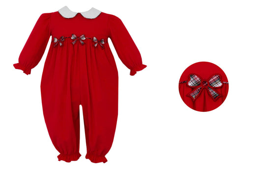 Claire & Charlie - Holiday Plaid Bows Red Corduroy Romper