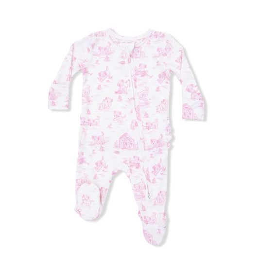 Angel Dear | Puppy Toile Pink 2-Way Zipper Ruffle Footie