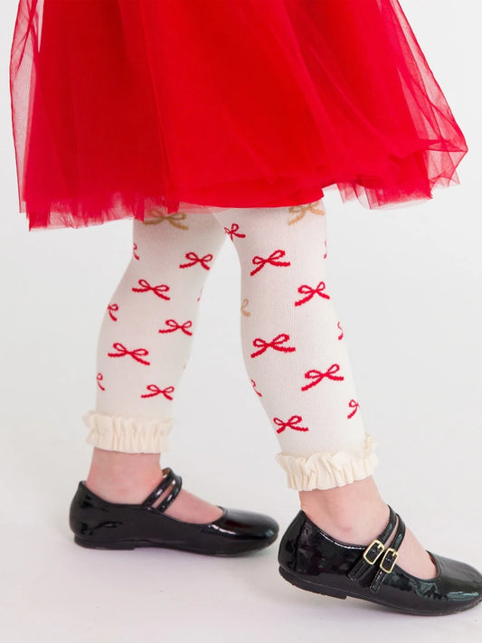 RuffleButts - Red Bow Patterned Footless Ruffle Tights