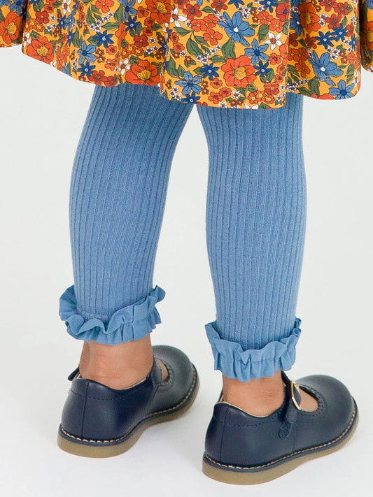 RuffleButts - Countryside Blue Rib Knit Footless Ruffle Tights