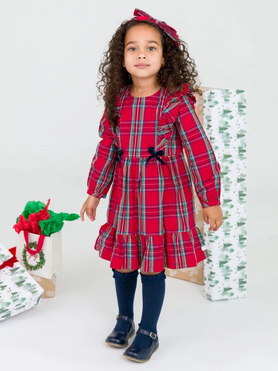 RuffleButts - Tis the Season Plaid Pinafore Bow Dress