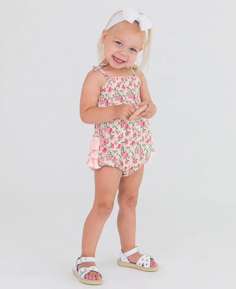 RuffleButts - English Roses Smocked Tie Bubble Romper