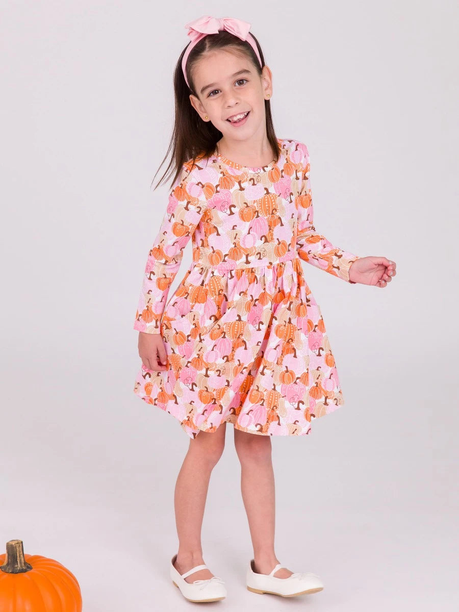 RuffleButts - Pink Pumpkins Knit Twirl Dress