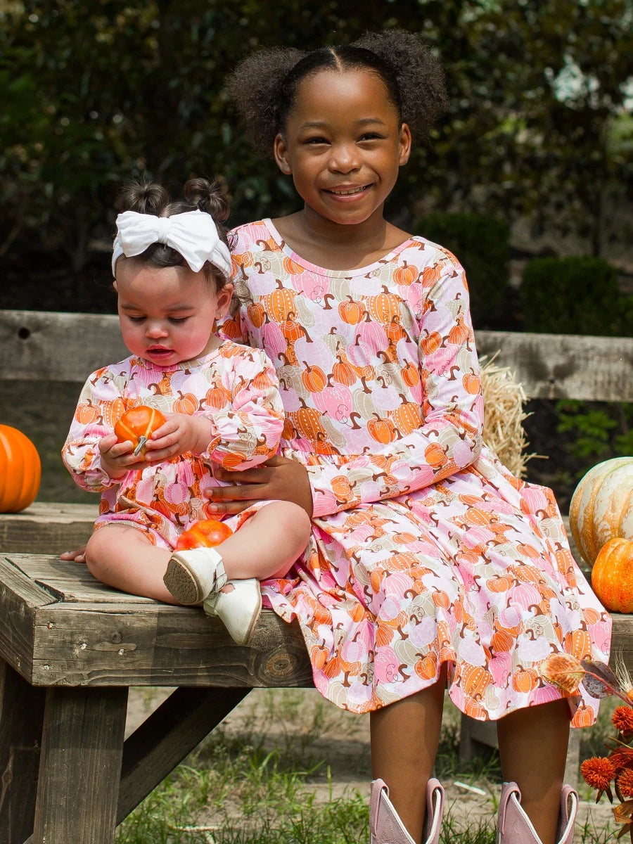 RuffleButts - Pink Pumpkins Knit Twirl Dress