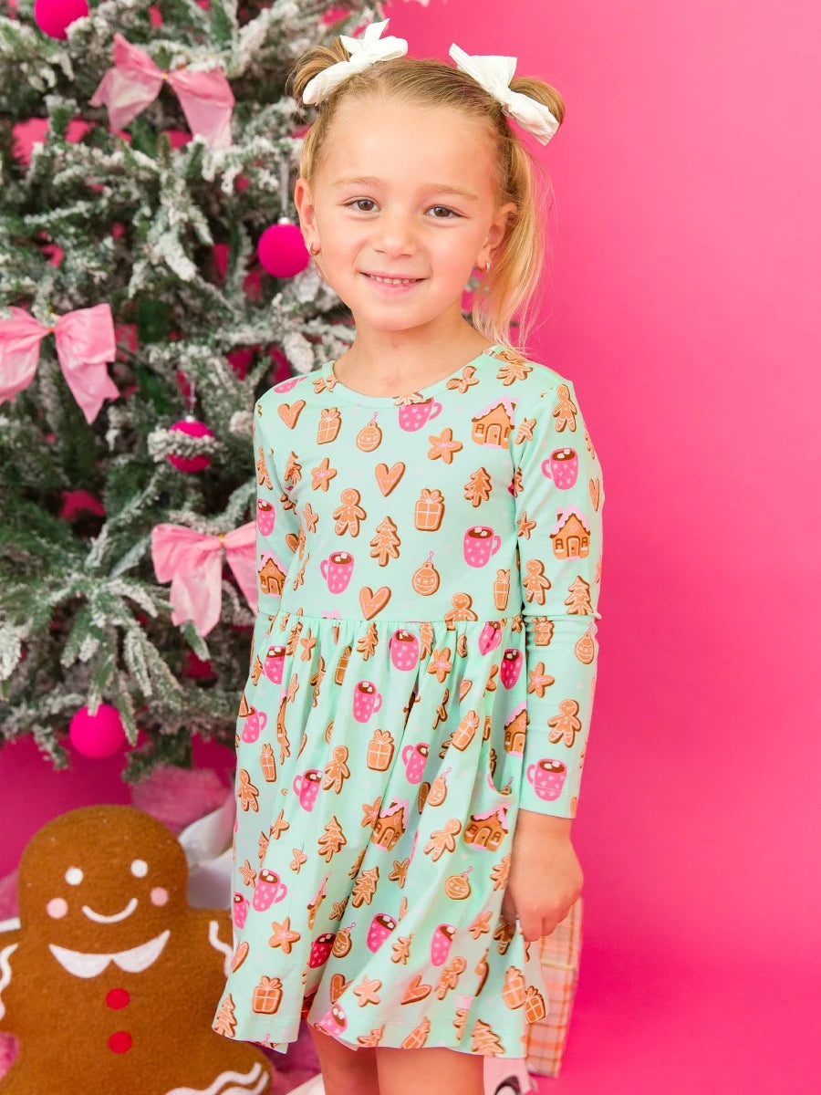 RuffleButts - Gingerbread Joy Knit LS Twirl Dress