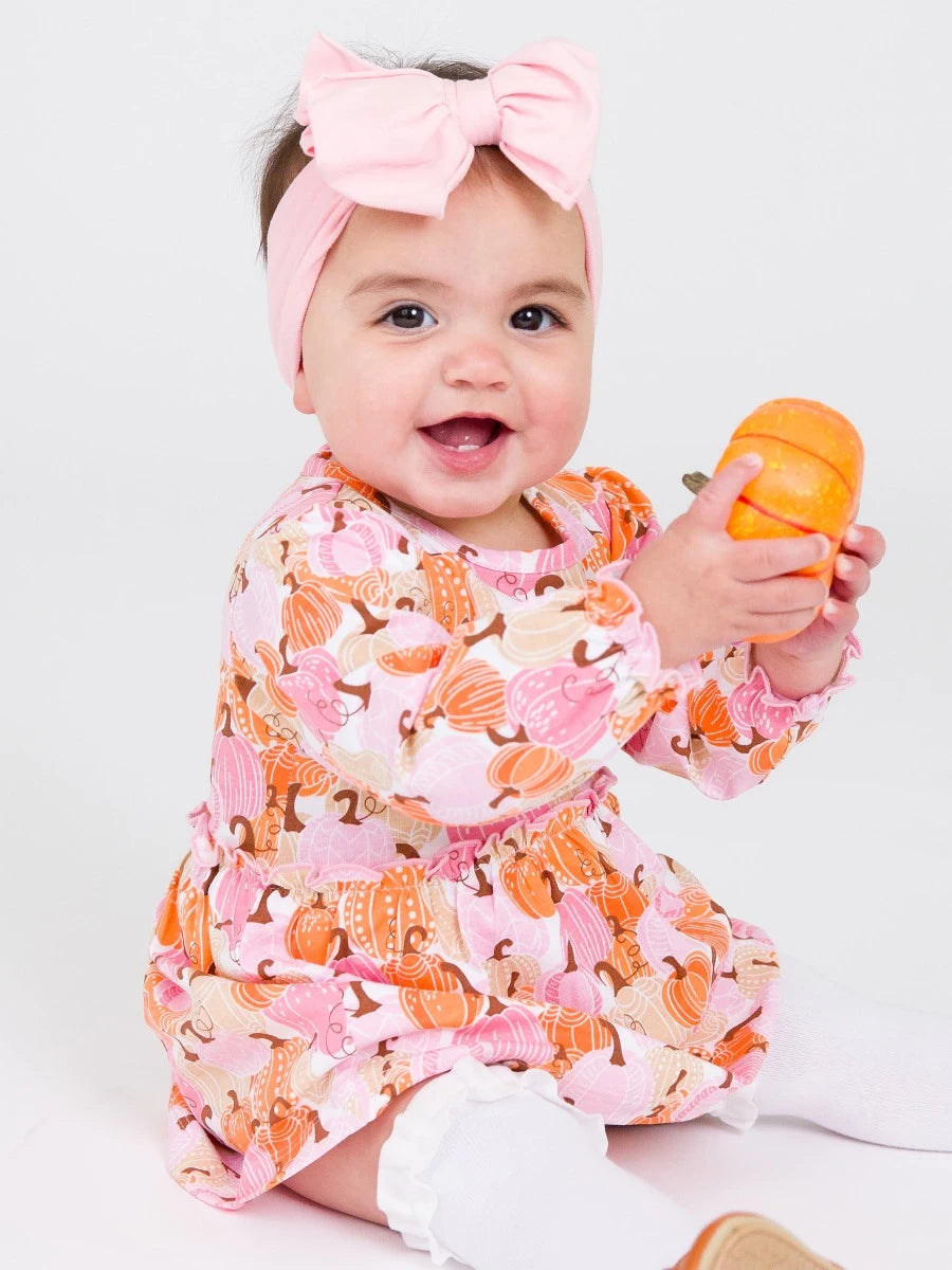 RuffleButts - Pink Pumpkin Patch Skirted Romper