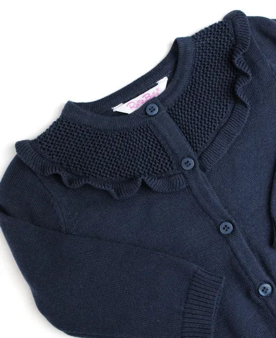 RuffleButts - Dark Navy Sweater Knit Ruffle Trim Cardigan