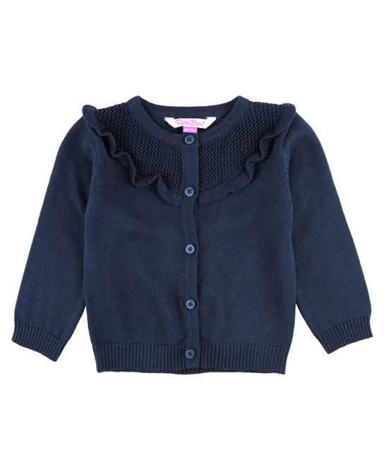 RuffleButts - Dark Navy Sweater Knit Ruffle Trim Cardigan