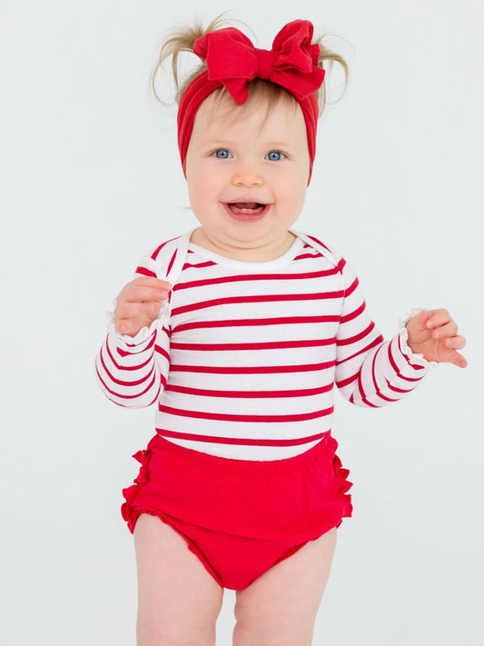 RuffleButts - Red & White Stripe Ruffle Bodysuit