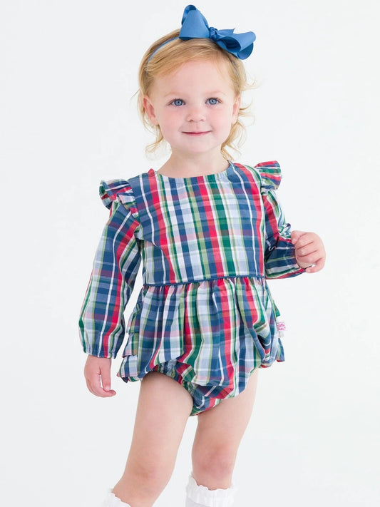 RuffleButts - Prep School Plaid Woven Flutter Bubble