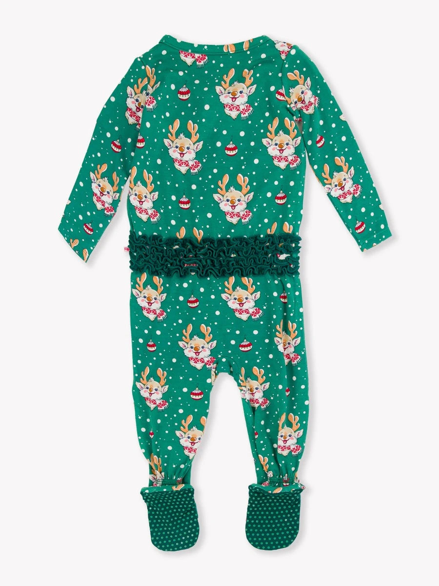 RuffleButts - Reindeer Cheer Ruffle Footie Pajama