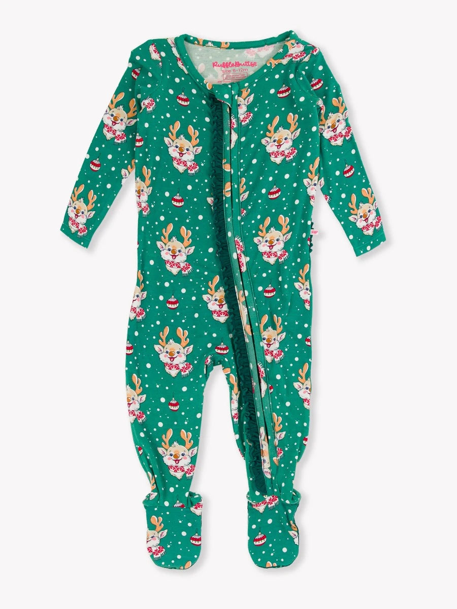 RuffleButts - Reindeer Cheer Ruffle Footie Pajama