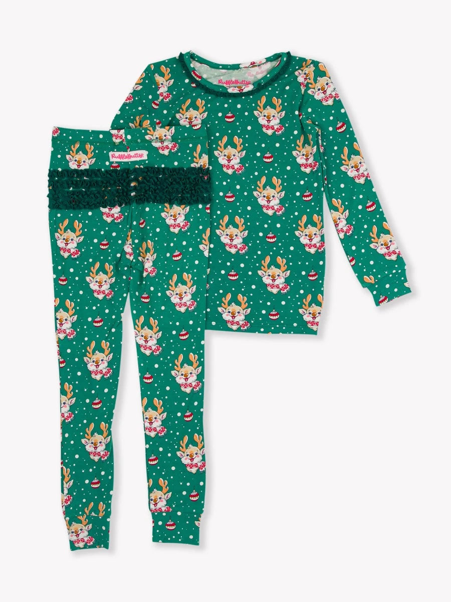 RuffleButts - Reindeer Cheer Toddler Ruffle Pajama Set