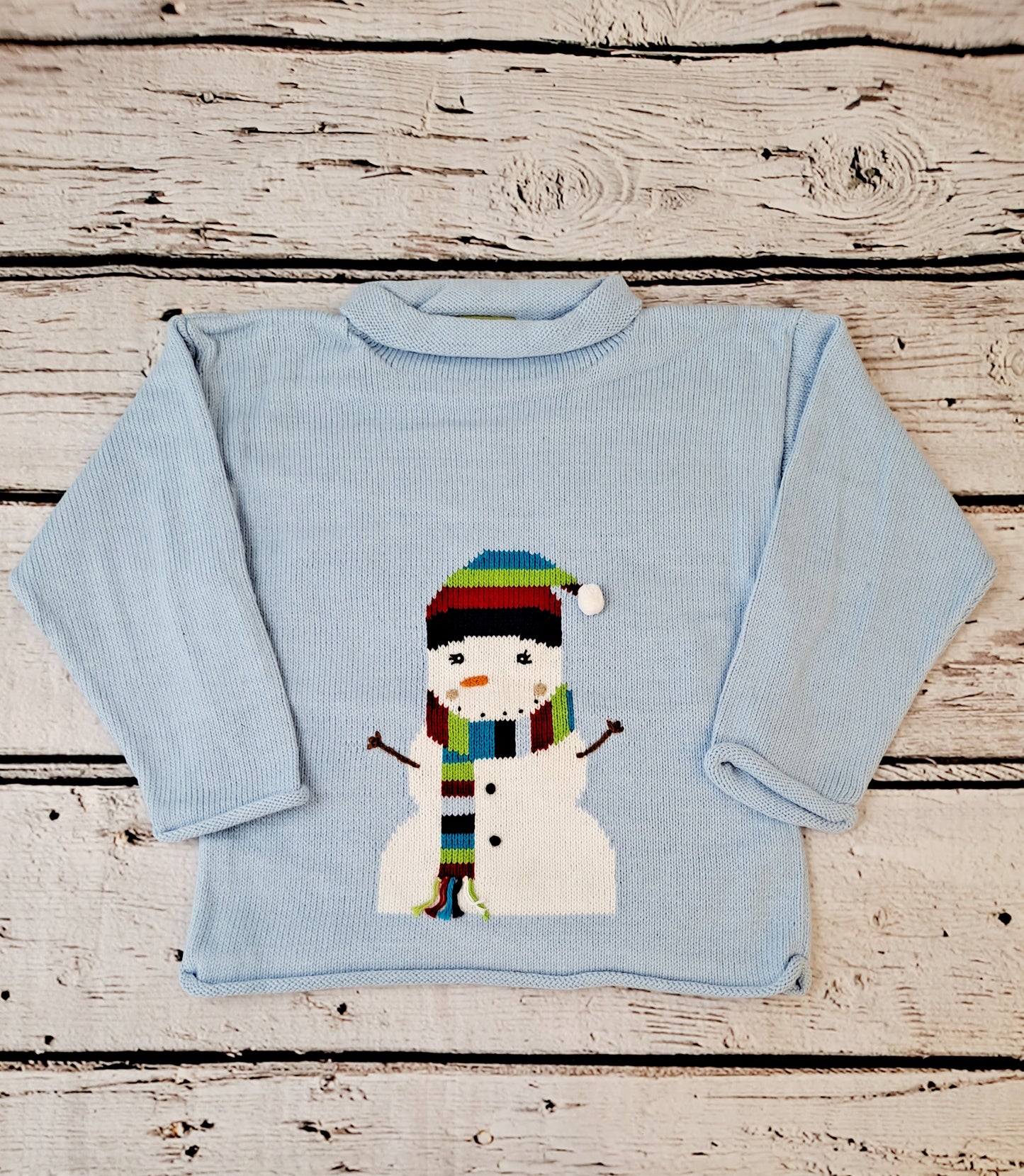 Claver - Snowman Scarf Sky Blue Roll Neck Sweater