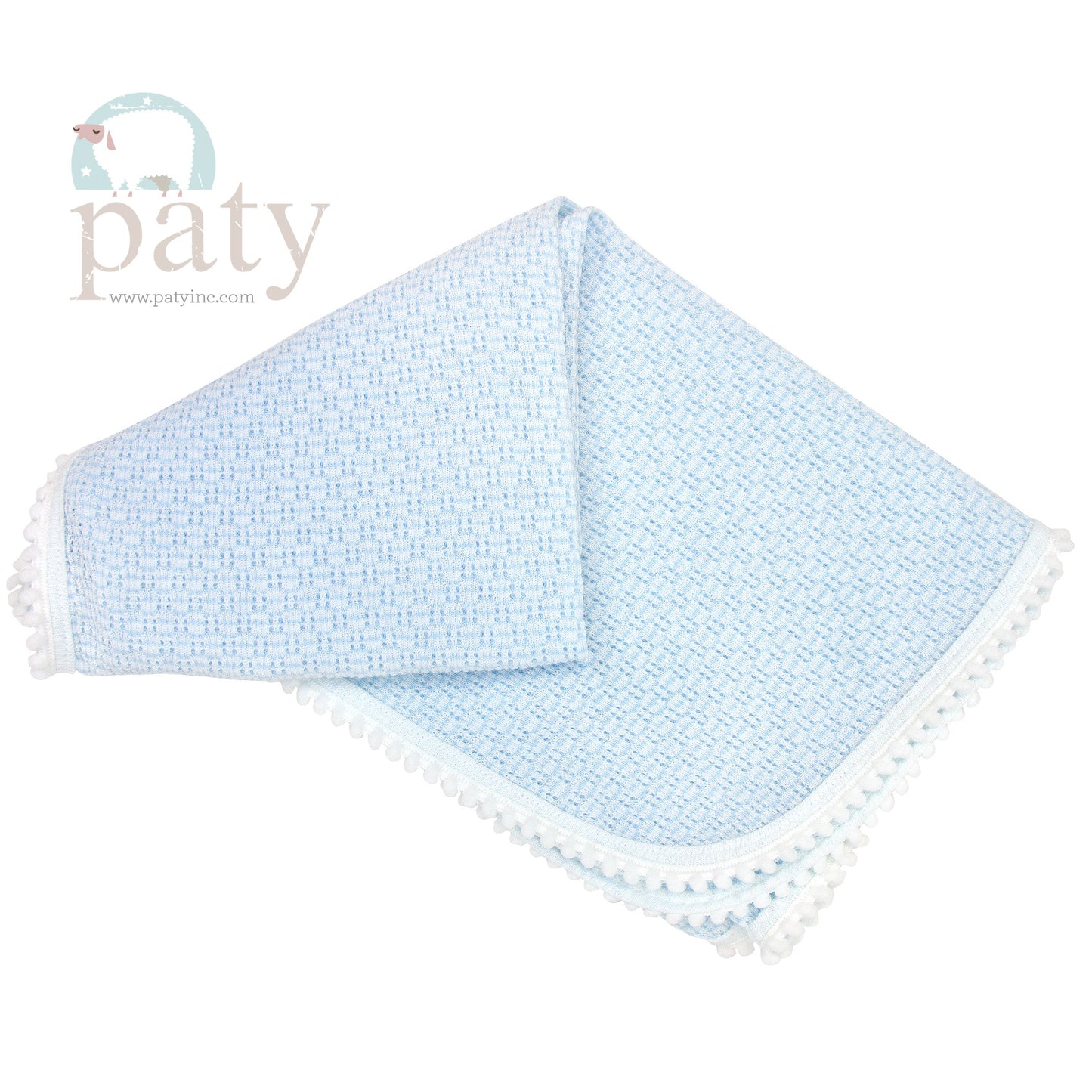 Paty - Receiving Blanket Blue/White Pom Trim