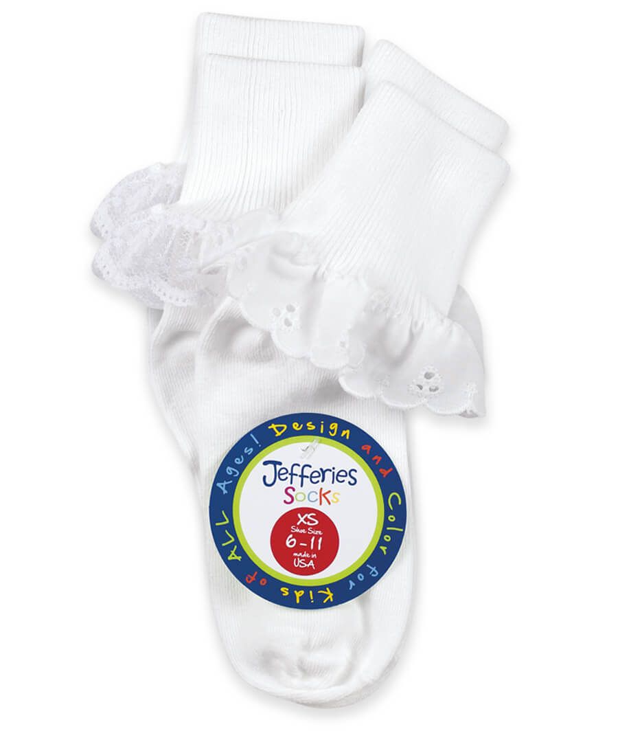 Jefferies Socks - Eyelet & Fancy Lace Turn Cuff Socks 2 Pair Pack