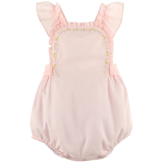 Sophie & Lucas | Pink With White Embroidered Daisy Chain Ruffle Sunsuit