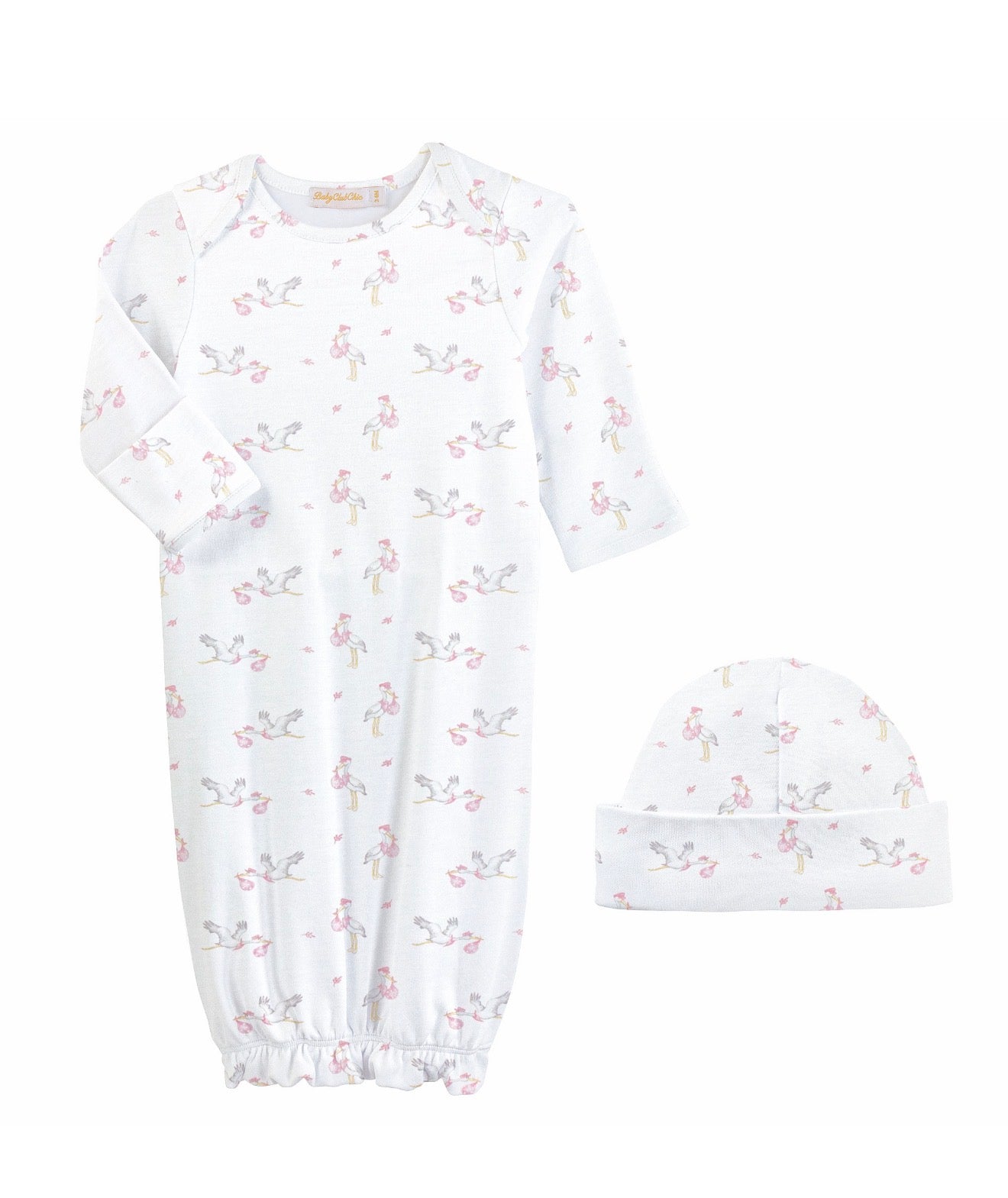 Baby Club Chic | Pink Tiny Storks Gown + Hat Set