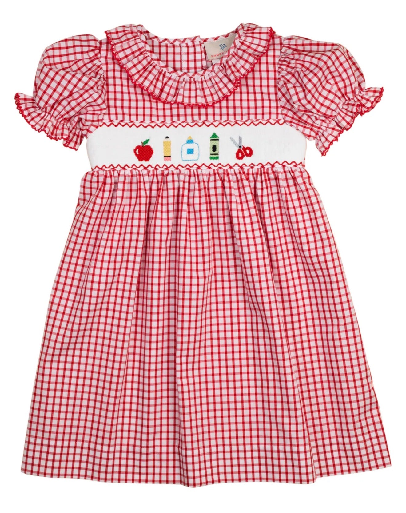Smockingbird | Smocked School Supplies Red Windowpane Dress