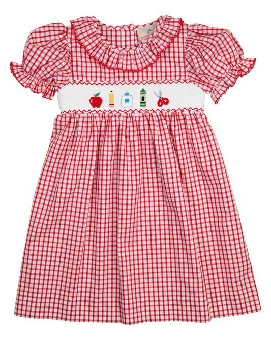 Smockingbird | Smocked School Supplies Red Windowpane Dress