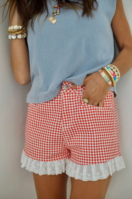 Red Gingham Denim Ruffle Short