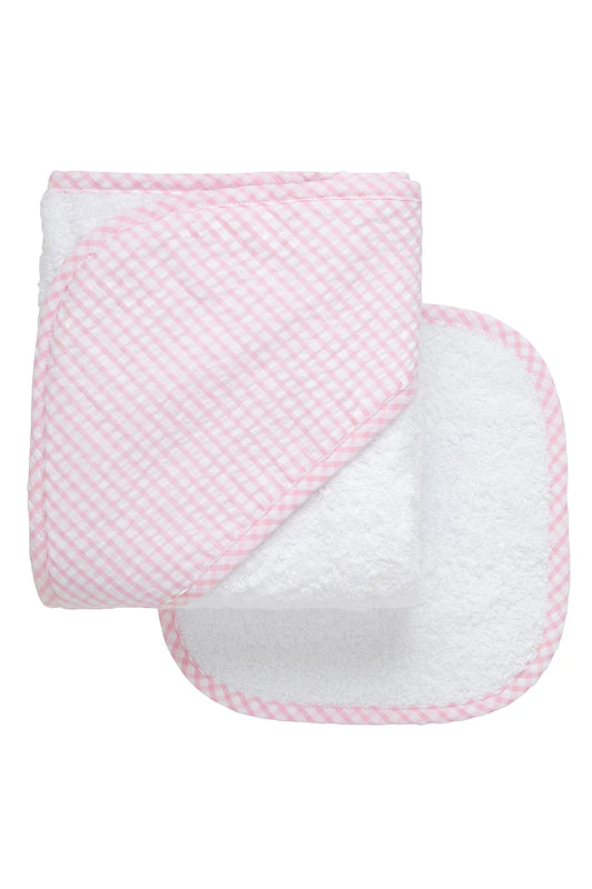 3Marthas | Big Pink Check Hooded Towel & Washlcoth Set