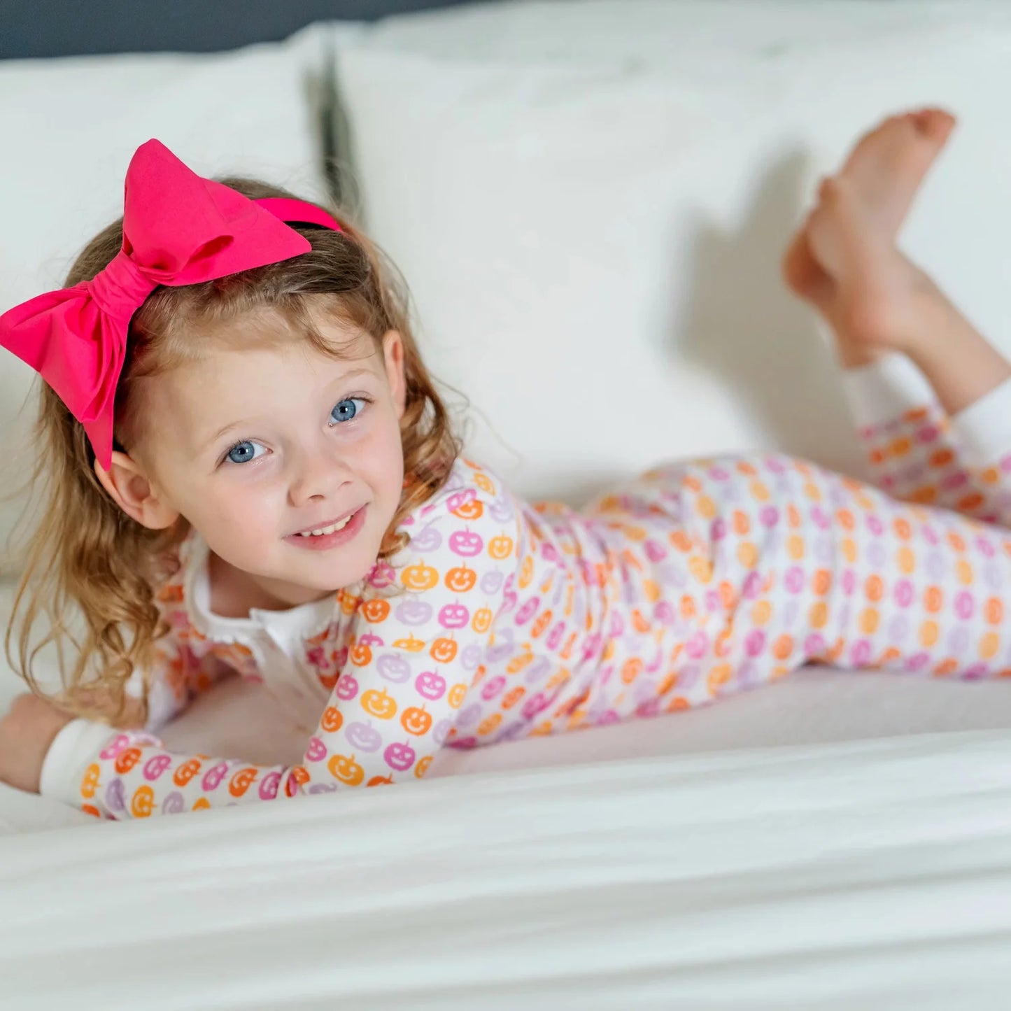 Lila & Hayes | Alden Girls' Pima Cotton Pajama Pant Set - Preppy Pumpkins Bright