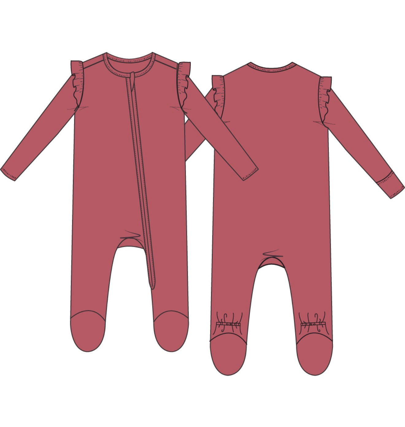 Angel Dear | Solid Baroque Rose 2 Way Zipper Ruffle Footie