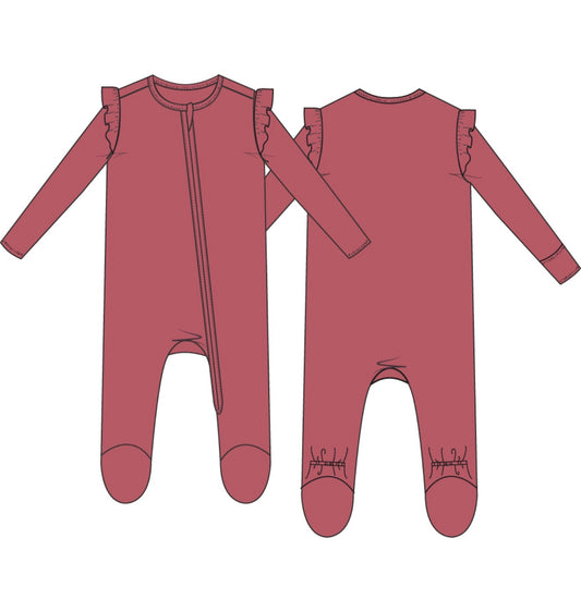 Angel Dear | Solid Baroque Rose 2 Way Zipper Ruffle Footie