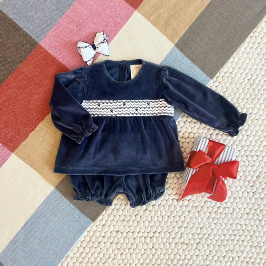 TBBC - Bon Air Bloomer Set Smocked Velour Nantucket Navy