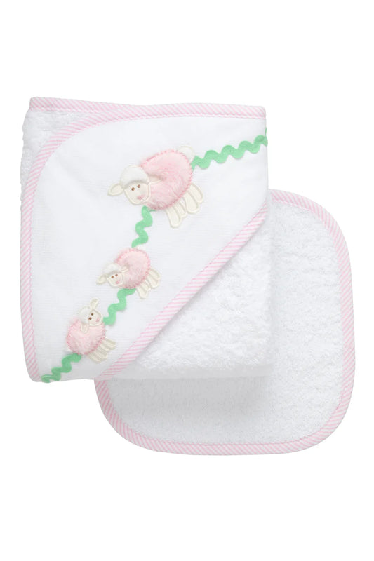 3Marthas | Pink Lamb Baby Hooded Towel & Washcloth Set