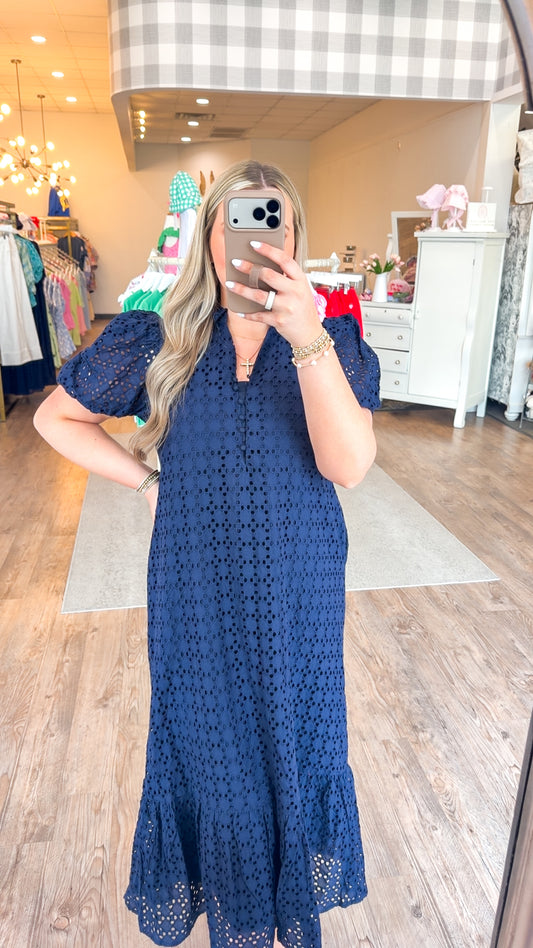 Clara Navy Eyelet Maxi Dress