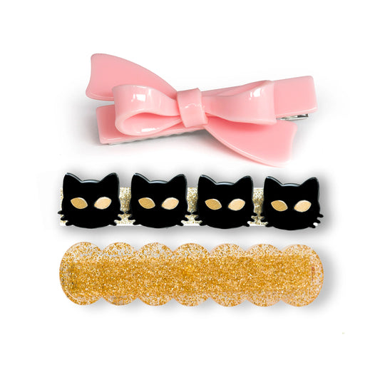 Lilies & Roses | Cat Black & Pink Bow Hair Clips