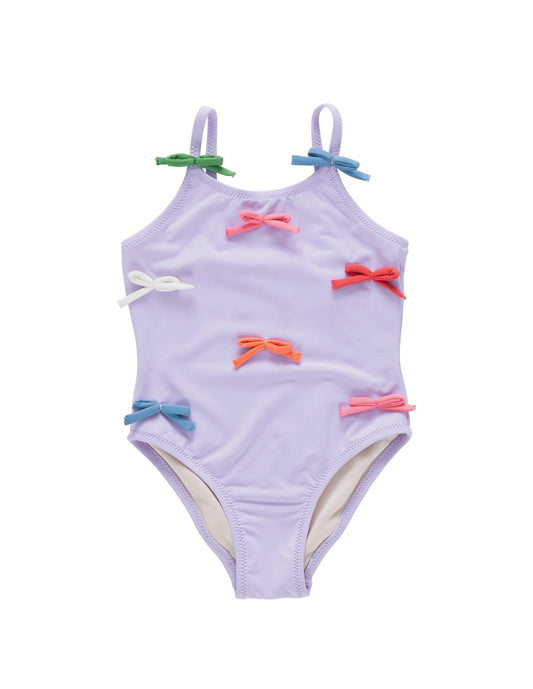 Pink Chicken | Girls Lottie Suit - Lavender Multi Bow Applique