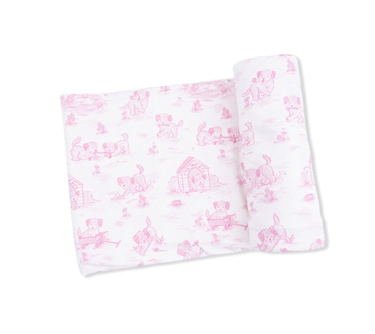 Angel Dear | Puppy Toile Pink Swaddle Blanket