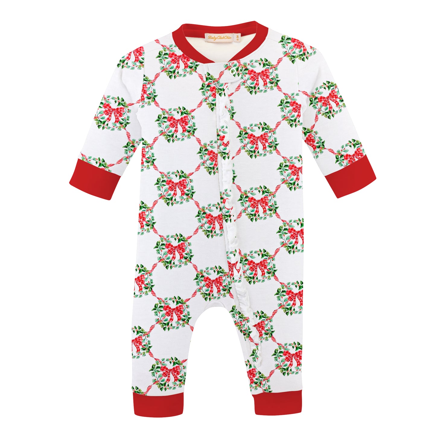 Baby Club Chic - Christmas Wreath Zipper Ruffle Coverall