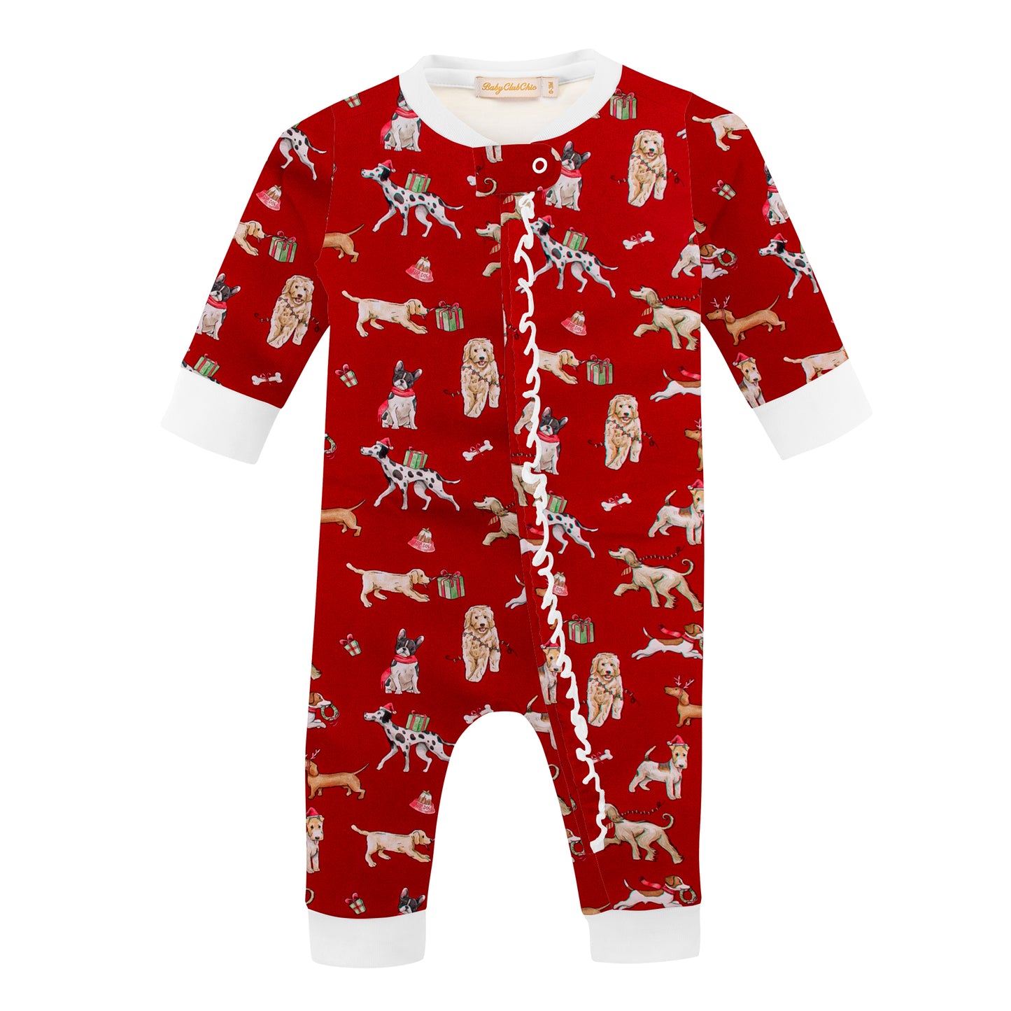 Baby Club Chic - Christmas Puppy Zipper Ruffle Coverall