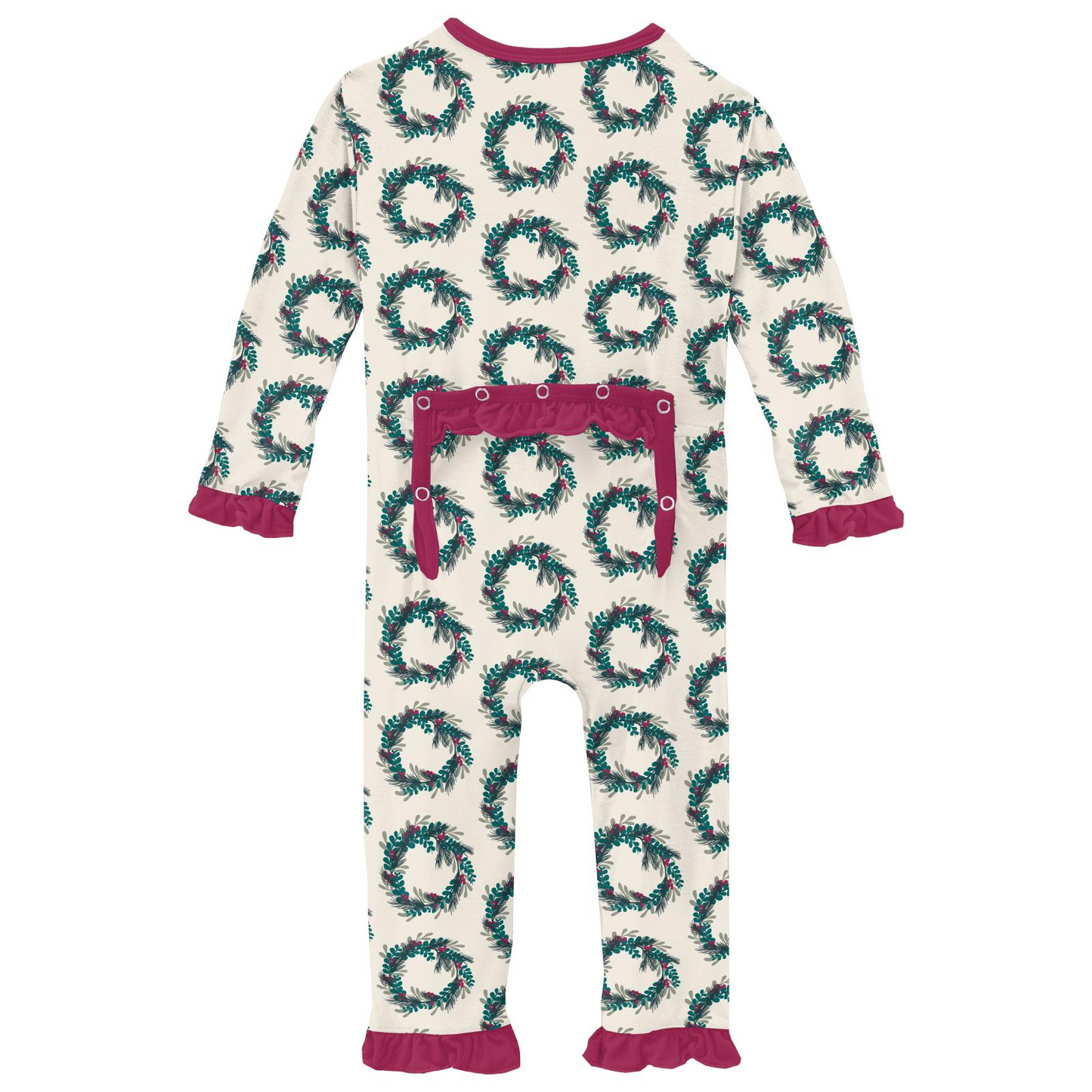 Kickee Pants - Print Classic Ruffle Coverall Natural Holiday Wreath