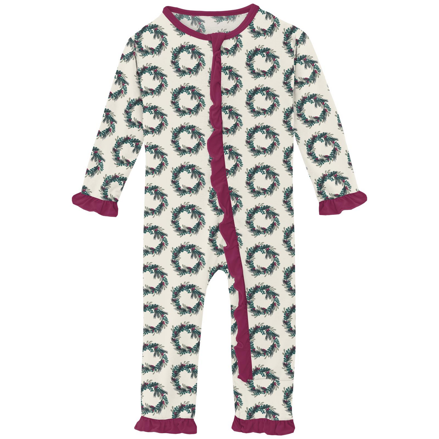 Kickee Pants - Print Classic Ruffle Coverall Natural Holiday Wreath