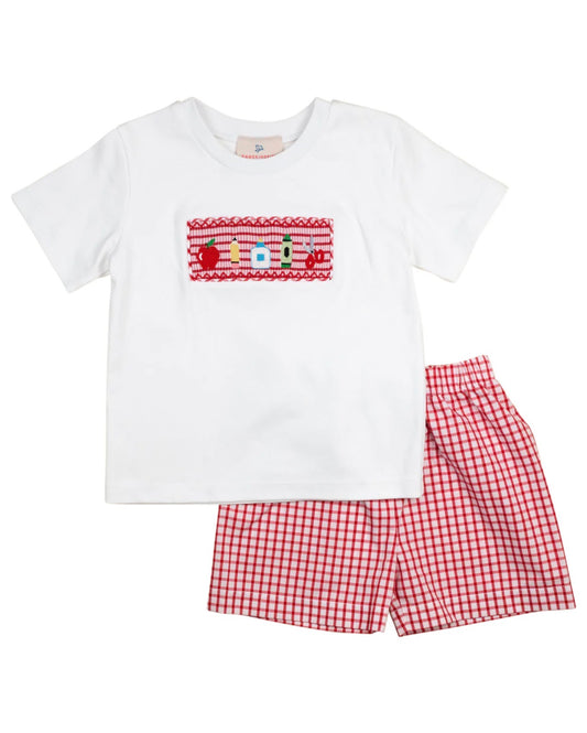 Smockingbird | Smocked School Supplies Red Windowpane Shorts Set