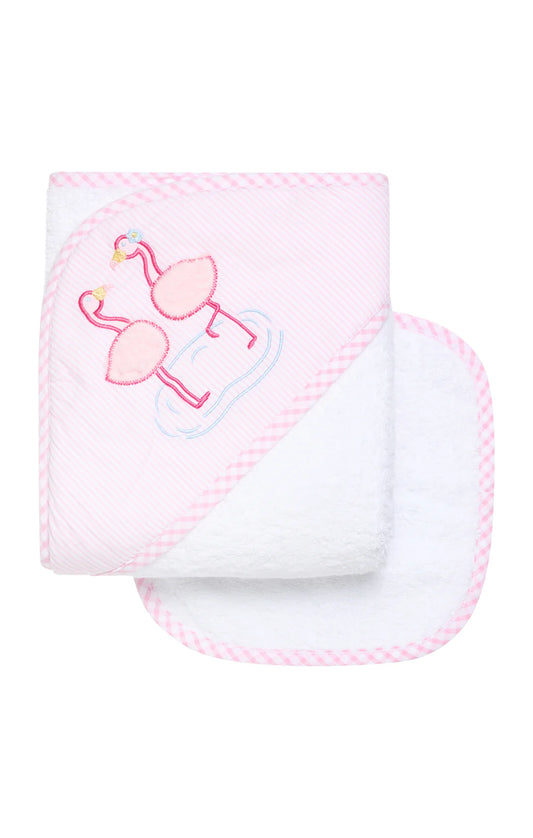 3Marthas | Flamingo Applique Hooded Towel & Washcloth Set
