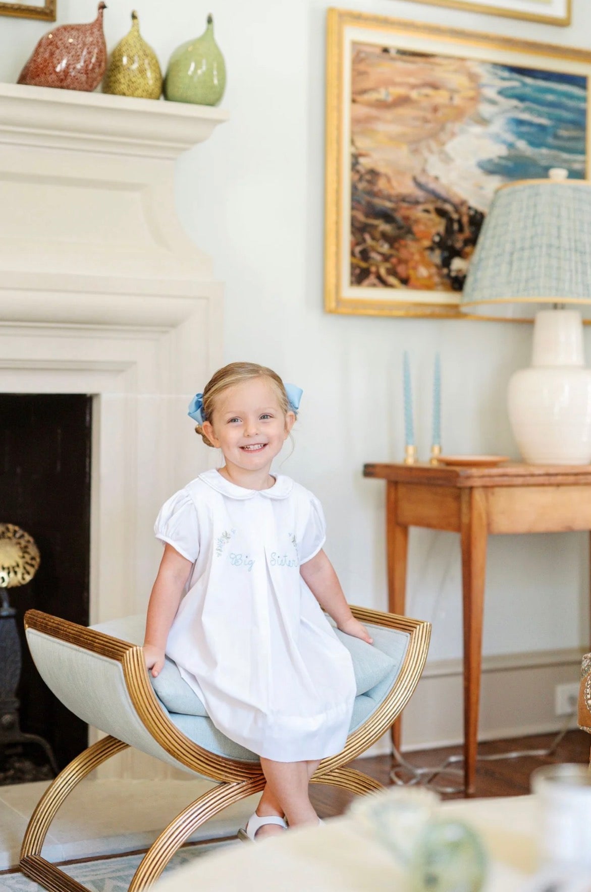 Proper Peony | Big Sister White/Blue Dress