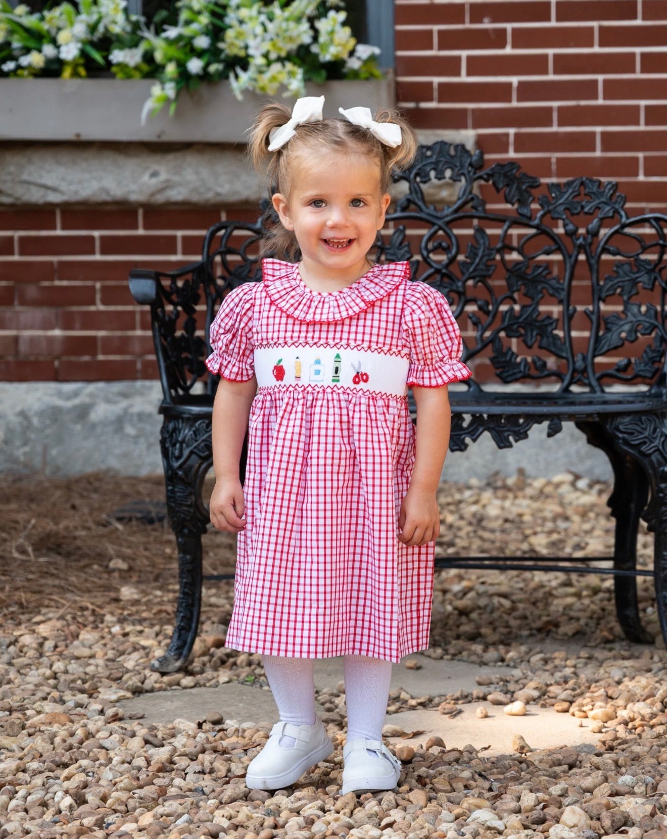 Smockingbird | Smocked School Supplies Red Windowpane Dress