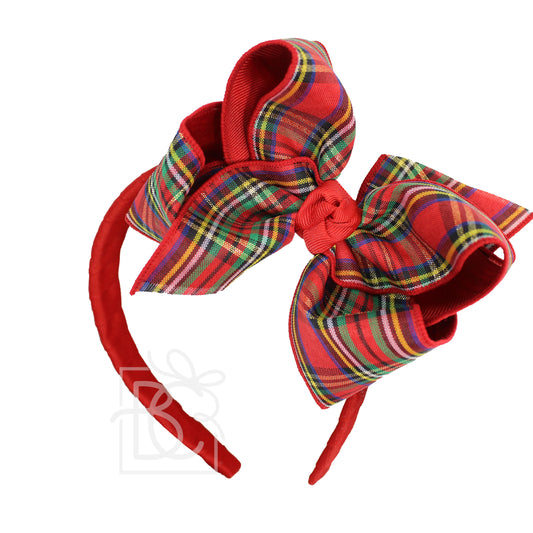 Beyond Creations - Royal Red Plaid Ribbon Wrapped Headband Bow