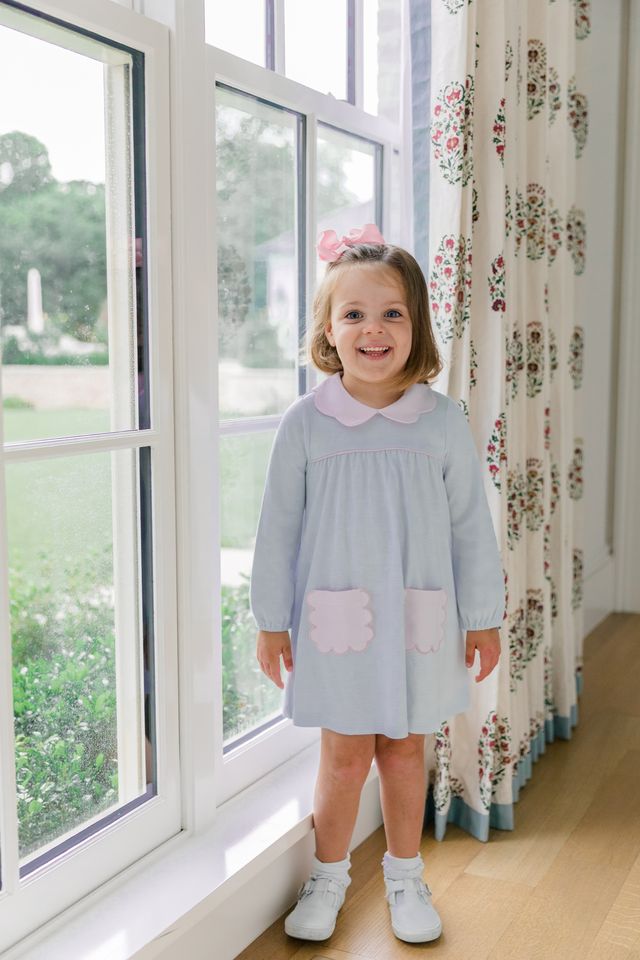 Proper Peony | Scalloped Pocket Light Blue Stripe Dress