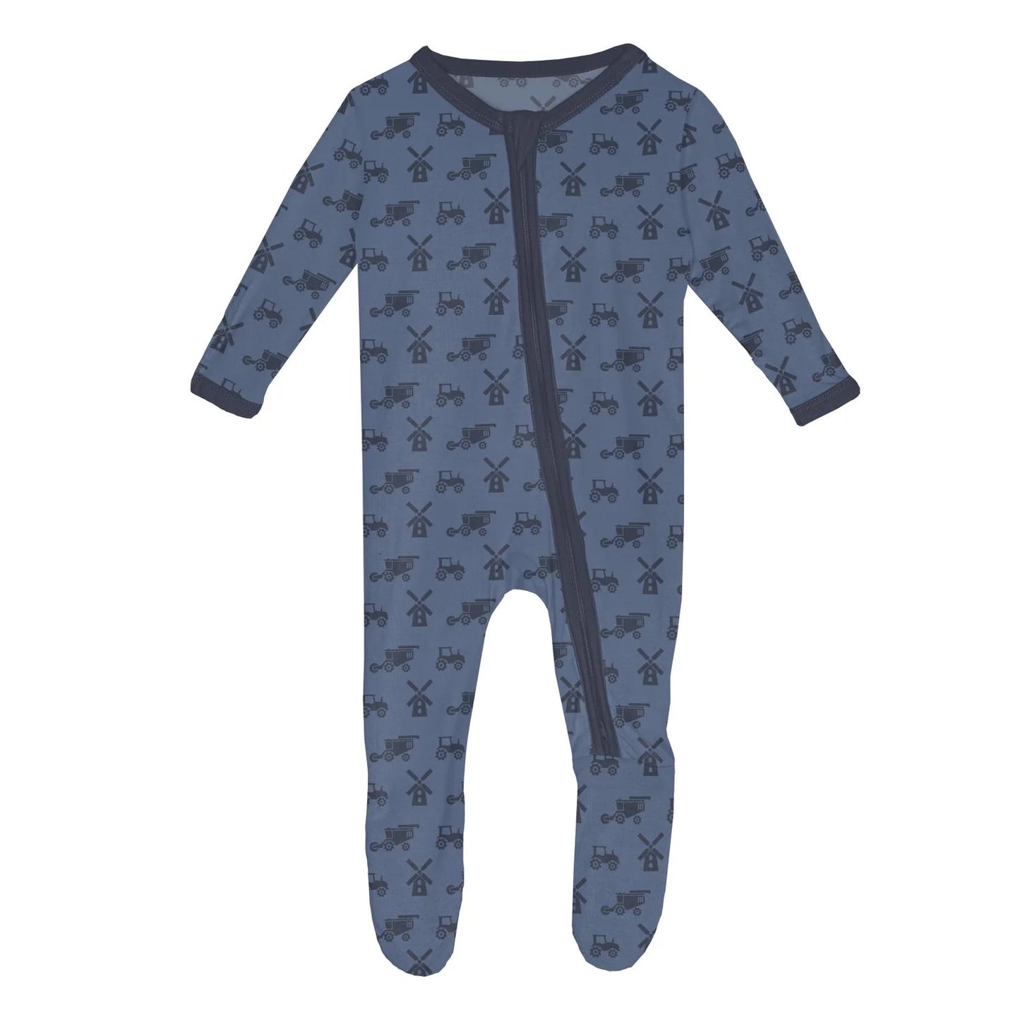 Kickee | Denim Tractors & Windmills 2-Way Zipper Footie