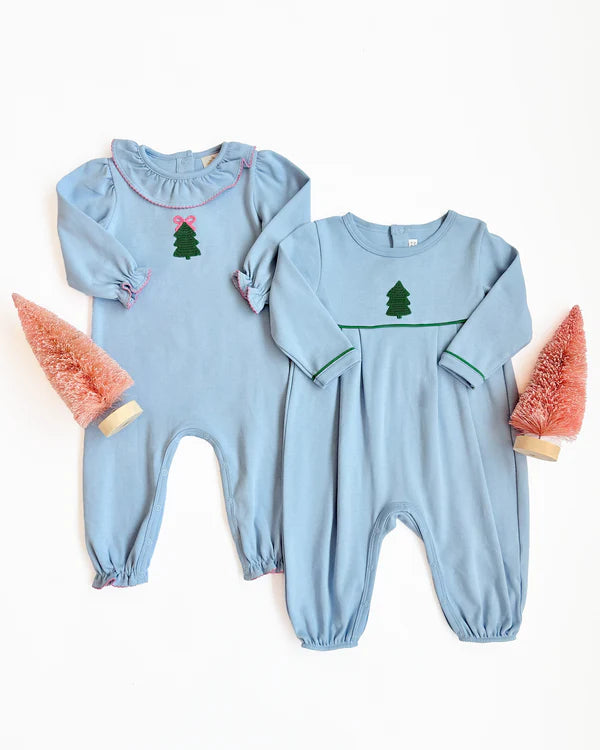 TBBC | LS Ramona Ruffle Romper - Barrington Blue/Christmas Tree