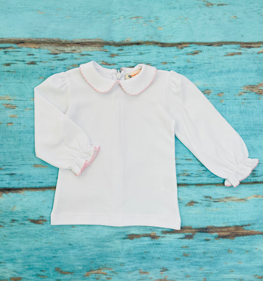 Luigi Kids - Girls Peter Pan Collar LS Shirt Pink Trim